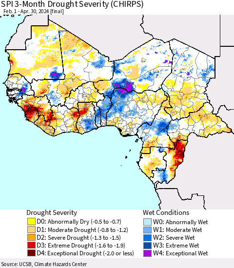 Western Africa SPI 3-Month Drought Severity (CHIRPS) Thematic Map For 2/1/2024 - 4/30/2024