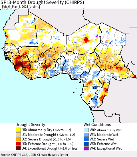 Western Africa SPI 3-Month Drought Severity (CHIRPS) Thematic Map For 2/6/2024 - 5/5/2024