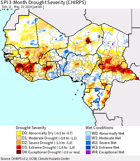 Western Africa SPI 3-Month Drought Severity (CHIRPS) Thematic Map For 2/11/2024 - 5/10/2024