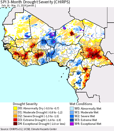 Western Africa SPI 3-Month Drought Severity (CHIRPS) Thematic Map For 2/16/2024 - 5/15/2024