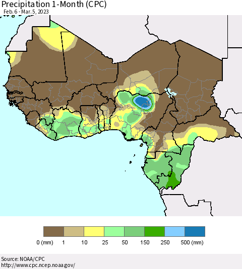 Western Africa Precipitation 1-Month (CPC) Thematic Map For 2/6/2023 - 3/5/2023