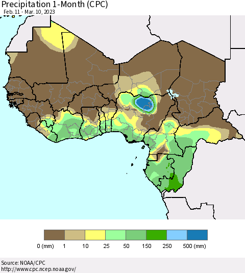 Western Africa Precipitation 1-Month (CPC) Thematic Map For 2/11/2023 - 3/10/2023