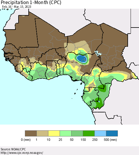 Western Africa Precipitation 1-Month (CPC) Thematic Map For 2/16/2023 - 3/15/2023