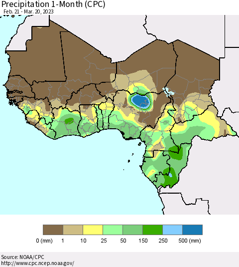 Western Africa Precipitation 1-Month (CPC) Thematic Map For 2/21/2023 - 3/20/2023