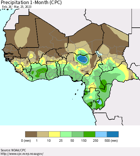 Western Africa Precipitation 1-Month (CPC) Thematic Map For 2/26/2023 - 3/25/2023