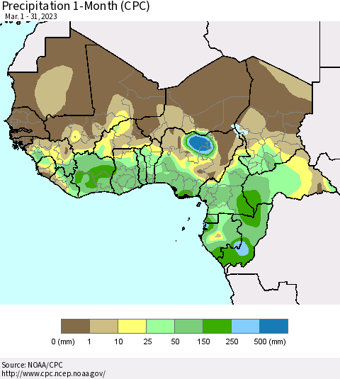 Western Africa Precipitation 1-Month (CPC) Thematic Map For 3/1/2023 - 3/31/2023