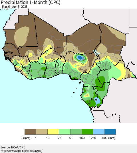 Western Africa Precipitation 1-Month (CPC) Thematic Map For 3/6/2023 - 4/5/2023