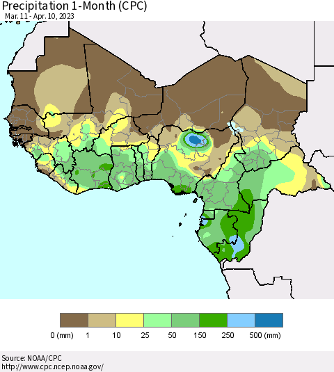 Western Africa Precipitation 1-Month (CPC) Thematic Map For 3/11/2023 - 4/10/2023
