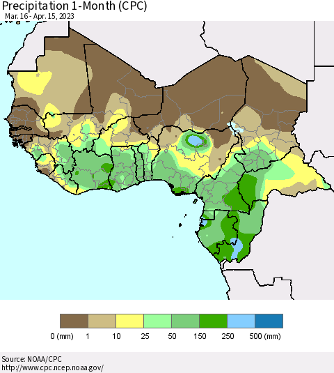 Western Africa Precipitation 1-Month (CPC) Thematic Map For 3/16/2023 - 4/15/2023