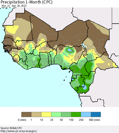Western Africa Precipitation 1-Month (CPC) Thematic Map For 3/21/2023 - 4/20/2023