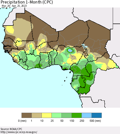 Western Africa Precipitation 1-Month (CPC) Thematic Map For 3/26/2023 - 4/25/2023