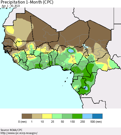 Western Africa Precipitation 1-Month (CPC) Thematic Map For 4/1/2023 - 4/30/2023