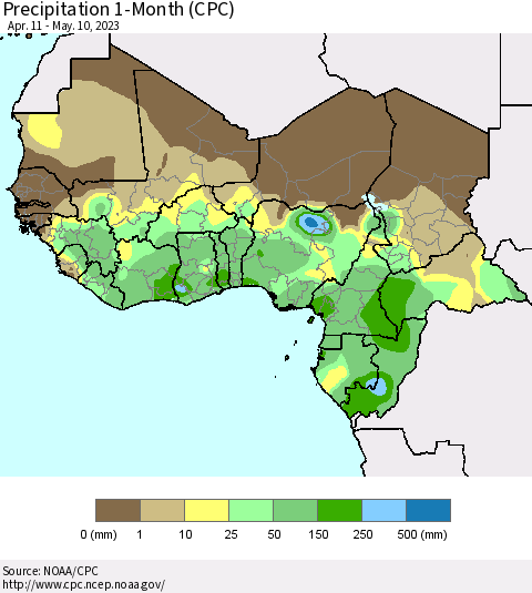 Western Africa Precipitation 1-Month (CPC) Thematic Map For 4/11/2023 - 5/10/2023