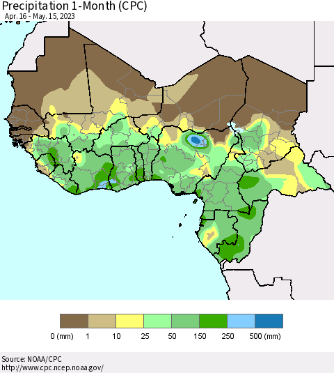 Western Africa Precipitation 1-Month (CPC) Thematic Map For 4/16/2023 - 5/15/2023