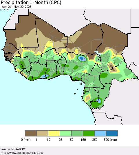 Western Africa Precipitation 1-Month (CPC) Thematic Map For 4/21/2023 - 5/20/2023
