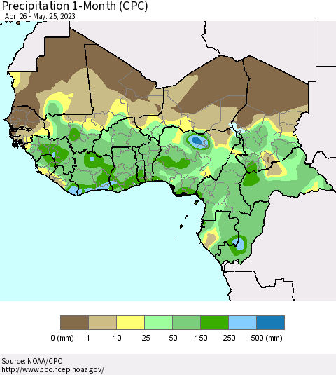 Western Africa Precipitation 1-Month (CPC) Thematic Map For 4/26/2023 - 5/25/2023