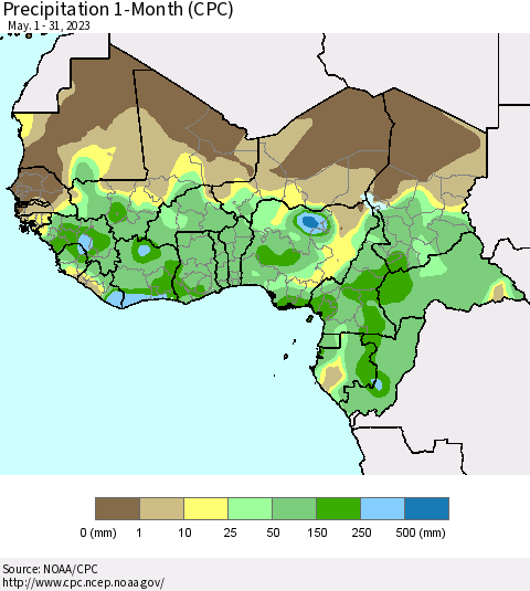Western Africa Precipitation 1-Month (CPC) Thematic Map For 5/1/2023 - 5/31/2023