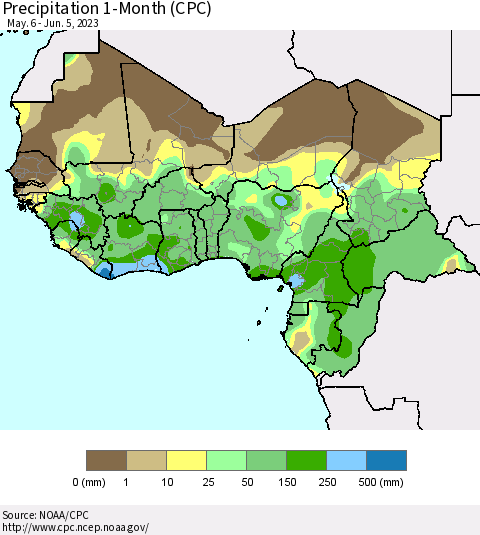 Western Africa Precipitation 1-Month (CPC) Thematic Map For 5/6/2023 - 6/5/2023