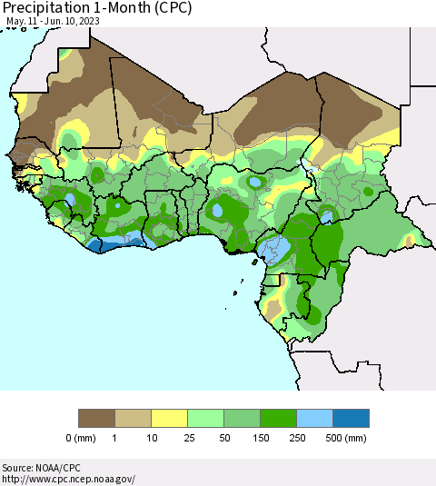 Western Africa Precipitation 1-Month (CPC) Thematic Map For 5/11/2023 - 6/10/2023