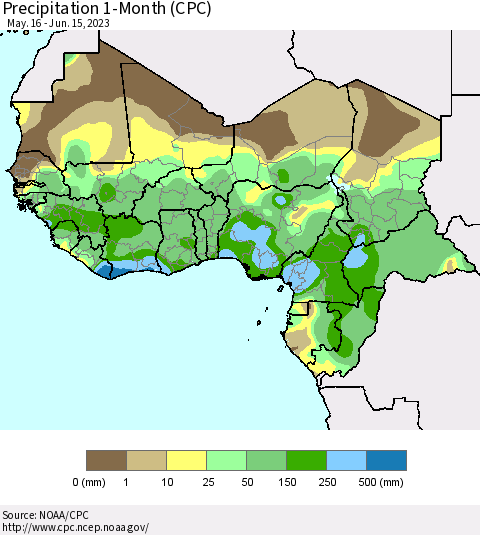 Western Africa Precipitation 1-Month (CPC) Thematic Map For 5/16/2023 - 6/15/2023