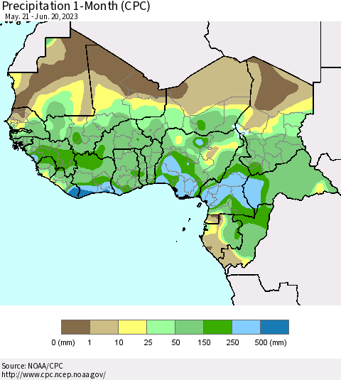 Western Africa Precipitation 1-Month (CPC) Thematic Map For 5/21/2023 - 6/20/2023