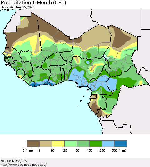 Western Africa Precipitation 1-Month (CPC) Thematic Map For 5/26/2023 - 6/25/2023