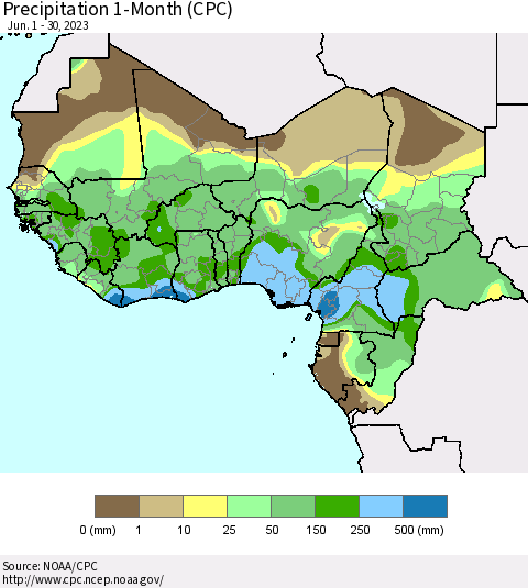 Western Africa Precipitation 1-Month (CPC) Thematic Map For 6/1/2023 - 6/30/2023