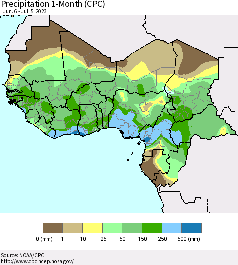 Western Africa Precipitation 1-Month (CPC) Thematic Map For 6/6/2023 - 7/5/2023
