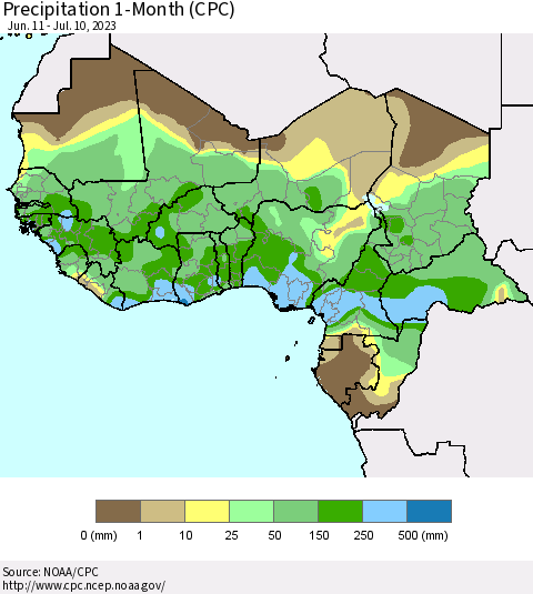 Western Africa Precipitation 1-Month (CPC) Thematic Map For 6/11/2023 - 7/10/2023
