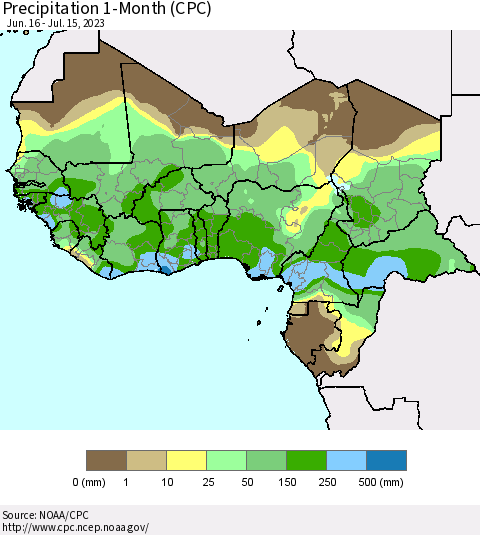 Western Africa Precipitation 1-Month (CPC) Thematic Map For 6/16/2023 - 7/15/2023