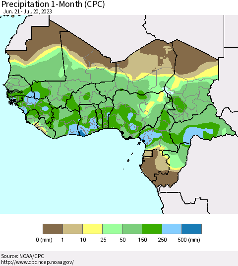 Western Africa Precipitation 1-Month (CPC) Thematic Map For 6/21/2023 - 7/20/2023