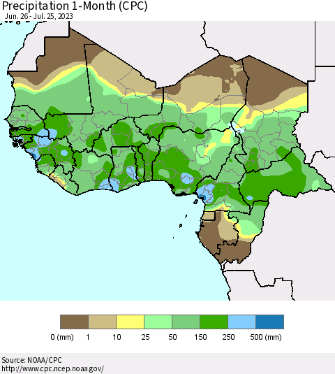 Western Africa Precipitation 1-Month (CPC) Thematic Map For 6/26/2023 - 7/25/2023
