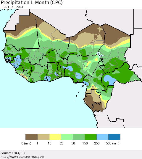 Western Africa Precipitation 1-Month (CPC) Thematic Map For 7/1/2023 - 7/31/2023
