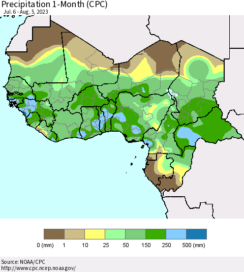 Western Africa Precipitation 1-Month (CPC) Thematic Map For 7/6/2023 - 8/5/2023