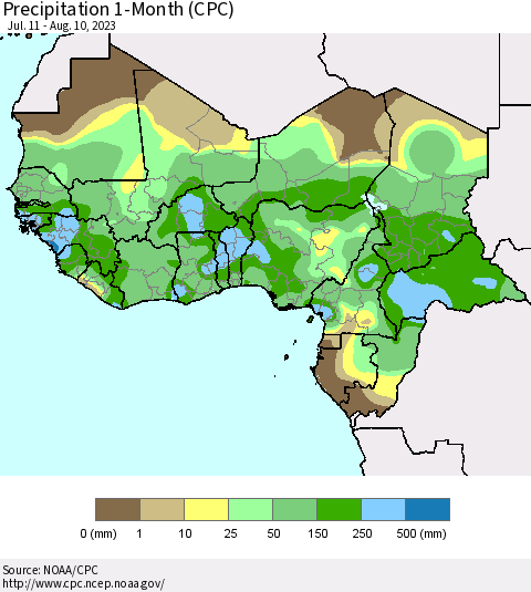 Western Africa Precipitation 1-Month (CPC) Thematic Map For 7/11/2023 - 8/10/2023