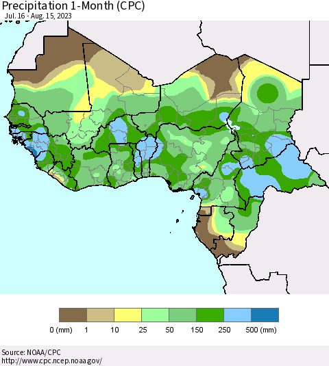 Western Africa Precipitation 1-Month (CPC) Thematic Map For 7/16/2023 - 8/15/2023