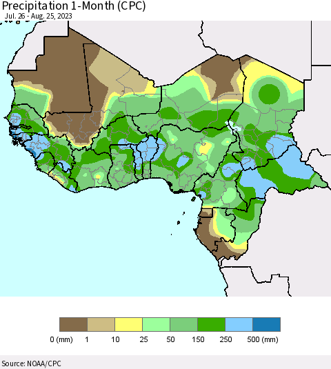 Western Africa Precipitation 1-Month (CPC) Thematic Map For 7/26/2023 - 8/25/2023