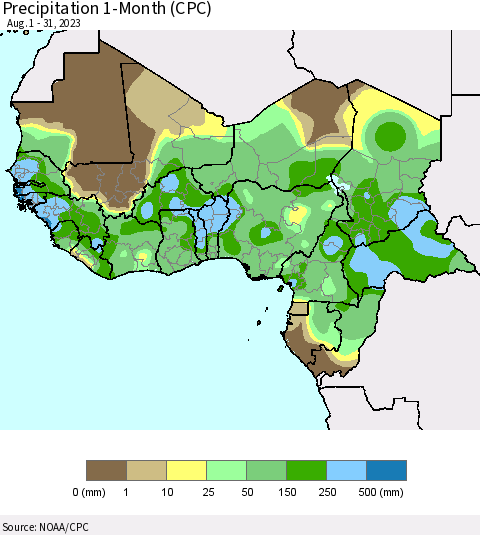 Western Africa Precipitation 1-Month (CPC) Thematic Map For 8/1/2023 - 8/31/2023
