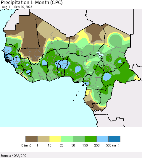 Western Africa Precipitation 1-Month (CPC) Thematic Map For 8/11/2023 - 9/10/2023