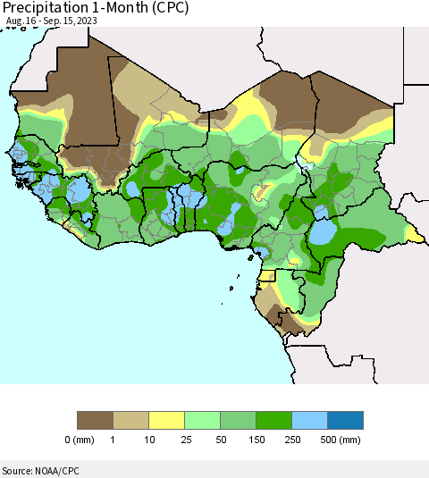 Western Africa Precipitation 1-Month (CPC) Thematic Map For 8/16/2023 - 9/15/2023