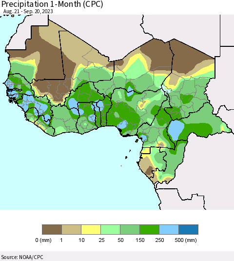 Western Africa Precipitation 1-Month (CPC) Thematic Map For 8/21/2023 - 9/20/2023