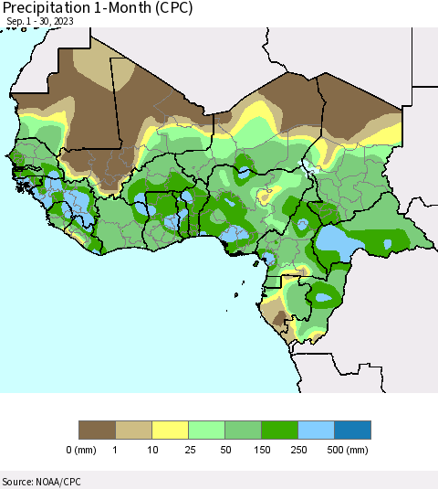 Western Africa Precipitation 1-Month (CPC) Thematic Map For 9/1/2023 - 9/30/2023