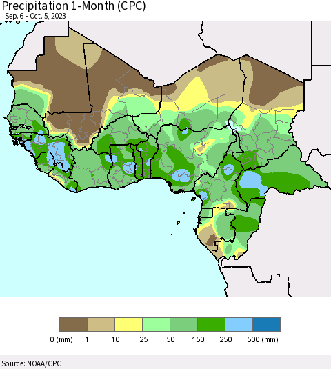 Western Africa Precipitation 1-Month (CPC) Thematic Map For 9/6/2023 - 10/5/2023