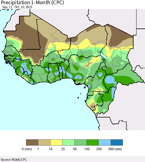 Western Africa Precipitation 1-Month (CPC) Thematic Map For 9/11/2023 - 10/10/2023