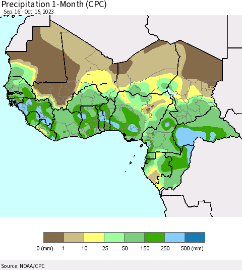 Western Africa Precipitation 1-Month (CPC) Thematic Map For 9/16/2023 - 10/15/2023
