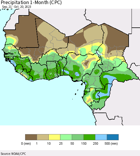 Western Africa Precipitation 1-Month (CPC) Thematic Map For 9/21/2023 - 10/20/2023