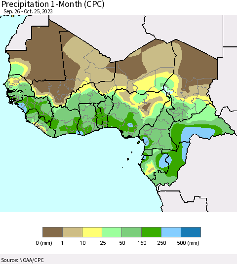 Western Africa Precipitation 1-Month (CPC) Thematic Map For 9/26/2023 - 10/25/2023