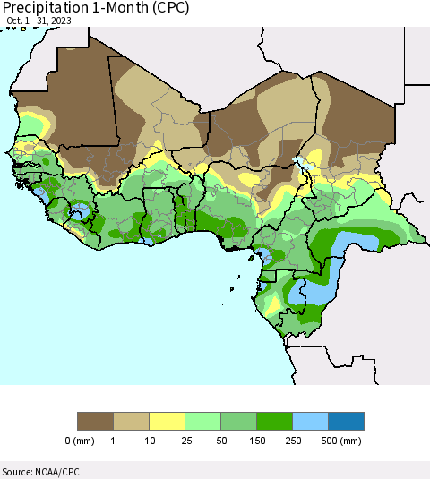 Western Africa Precipitation 1-Month (CPC) Thematic Map For 10/1/2023 - 10/31/2023