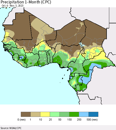 Western Africa Precipitation 1-Month (CPC) Thematic Map For 10/6/2023 - 11/5/2023