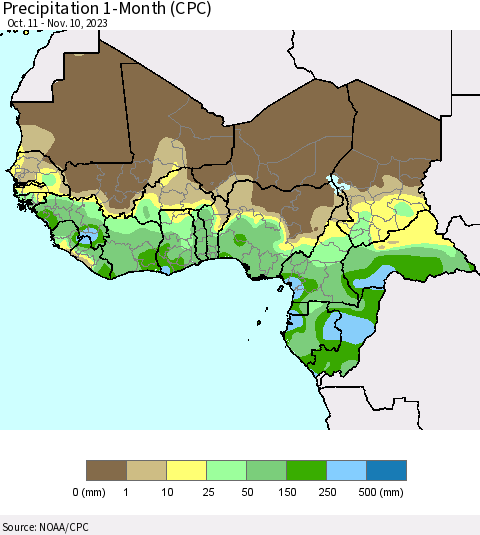 Western Africa Precipitation 1-Month (CPC) Thematic Map For 10/11/2023 - 11/10/2023